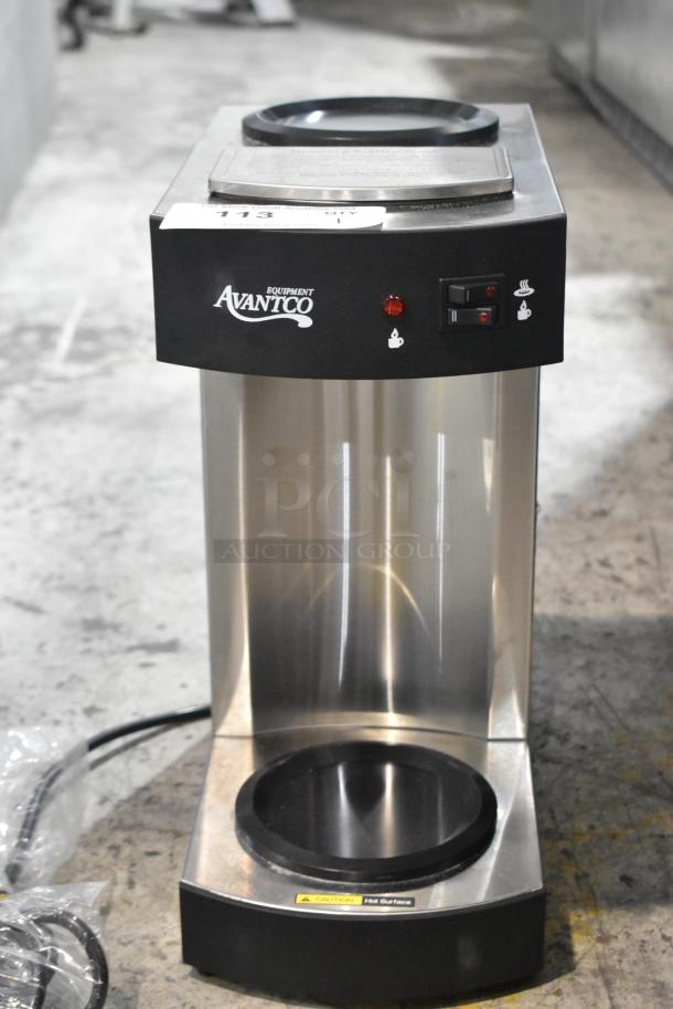 Brand new Avantco 177C10 stainless steel 12-cup pourover coffee maker with 2 warmers, slight scratches and dents, 120V, 1-phase.