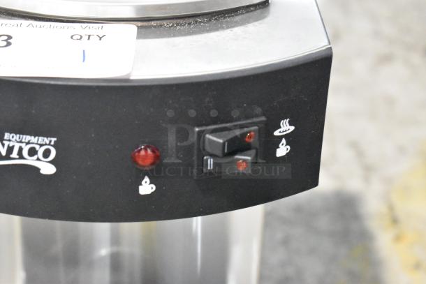 Avantco 177C10 stainless steel 12-cup pourover coffee maker with controls, two warmers, and voltage details visible.