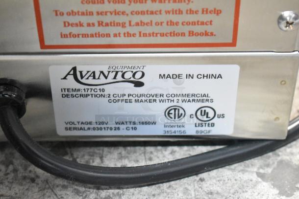 Avantco 177C10 stainless steel 12-cup pourover commercial coffee maker with 2 warmers, 120V, scratch and dent condition.