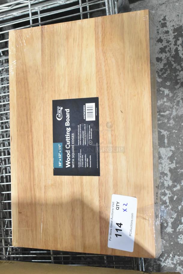Brand new Choice 18x12x1.75" wood cutting board with squared edges, label shows model 407WCB1812, quantity 2.
