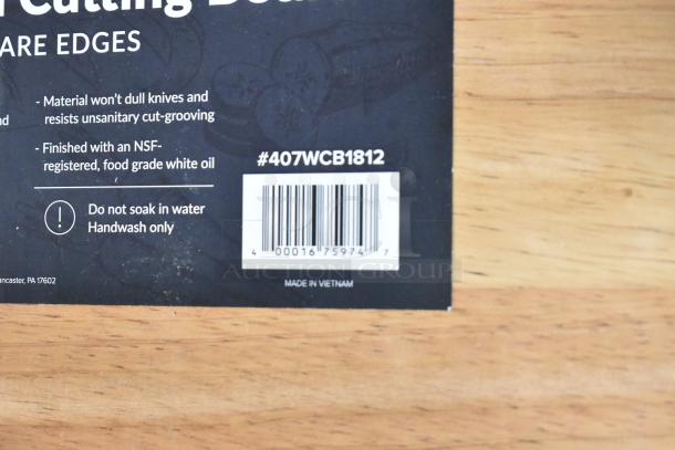 2 brand new “scratch and dent” Choice 18"x12"x1.75" wood cutting boards, squared edges, NSF food-grade oil finish. #407WCB1812.