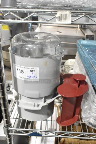 Lot of new Robot Coupe food processor accessories including bowl, continuous feed head, S blade, pusher; slight wear visible.