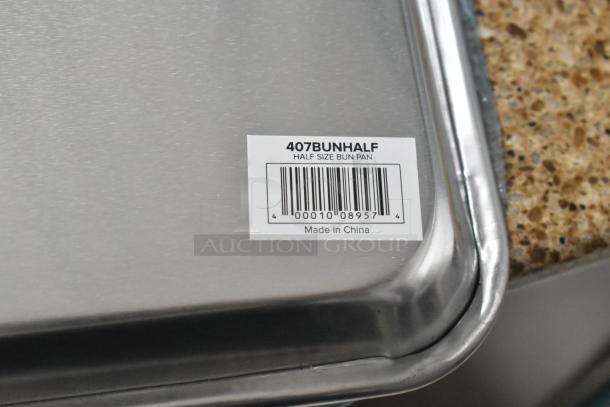 Metal pan labeled "407BUNHALF Half Size Bun Pan," brand new condition. Made in China.