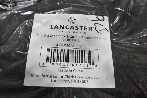 Brand new Lancaster 9' square black umbrella canopy, model 427UMCAS09BK, for aluminum pulley lift umbrellas, labeled.