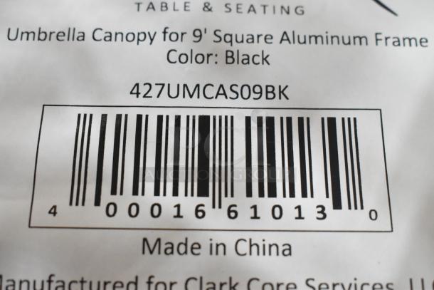 Barcode label for Lancaster Table & Seating 9' Square Raven Black Umbrella Canopy, model 427UMCAS09BK, made in China.