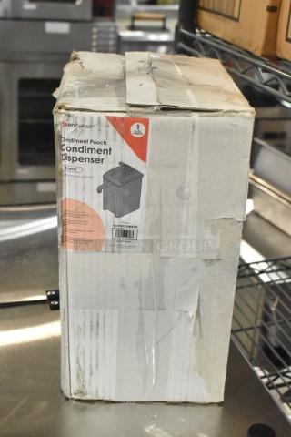 Brand new ServSernse 651PDPCHMSTR 1.5-gallon condiment dispenser, plastic with 16mm fitment, box shows minor wear.