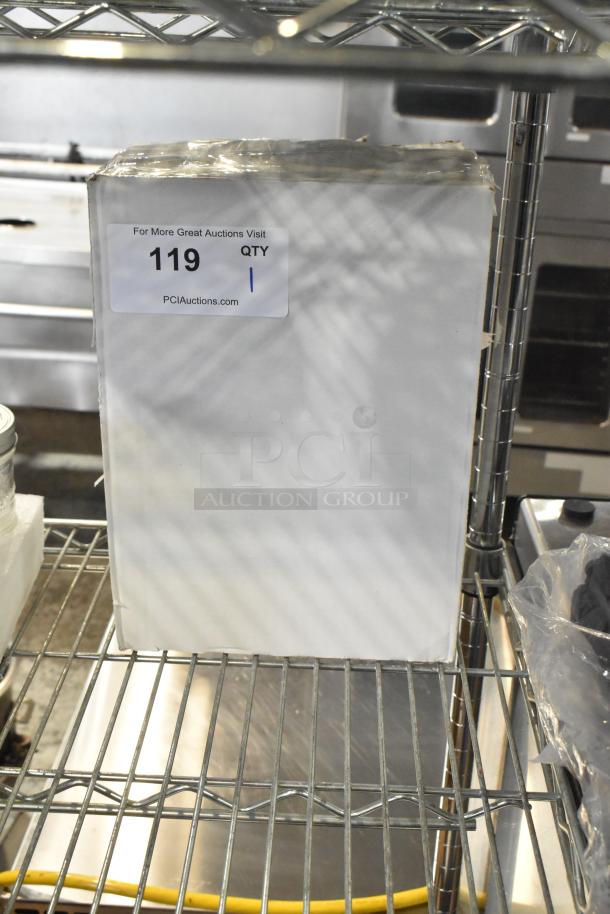 BRAND NEW SCRATCH AND DENT ServSense 651PDPCHMSTR 1.5 Gallon Condiment Dispenser in box, 16 mm fitment, Qty 1, auction tag visible.