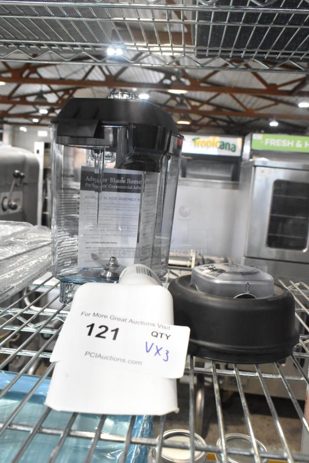 Brand new Avantco Ice 19491769 ice scoop and blender pitcher on metal shelf, labeled as auction lot 121, quantity 3.