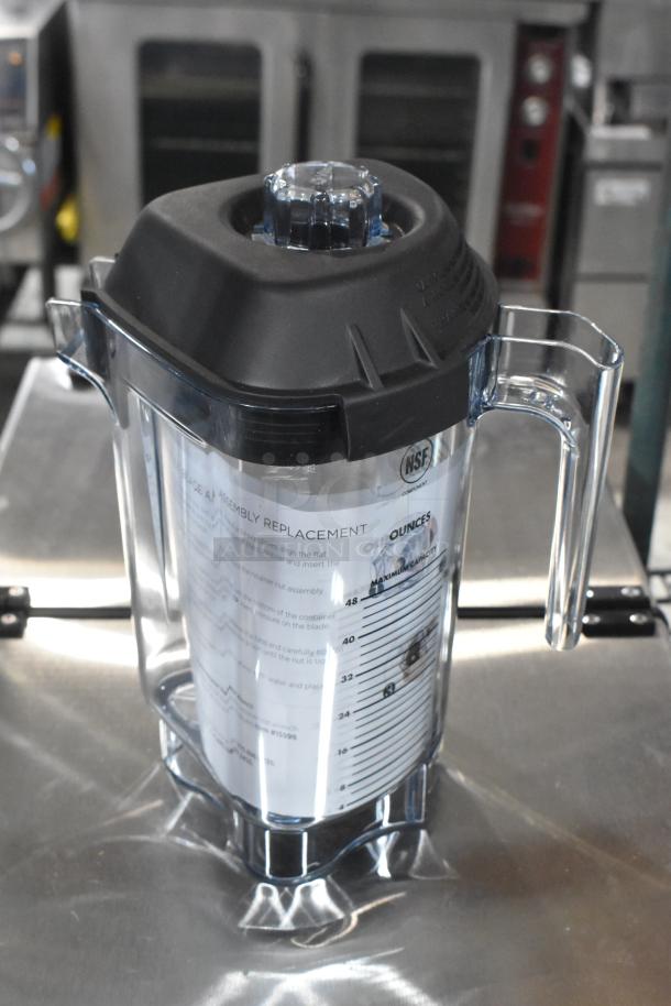Avantco Blender Pitcher, clear with black lid, new condition, marked with measurement lines, includes NSF certification label.