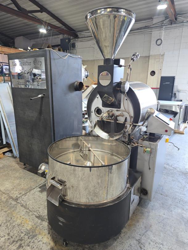 US Roaster Corp 23 Kilo natural gas coffee roaster, metal construction, 208-230/460V, 3-phase. Good condition.