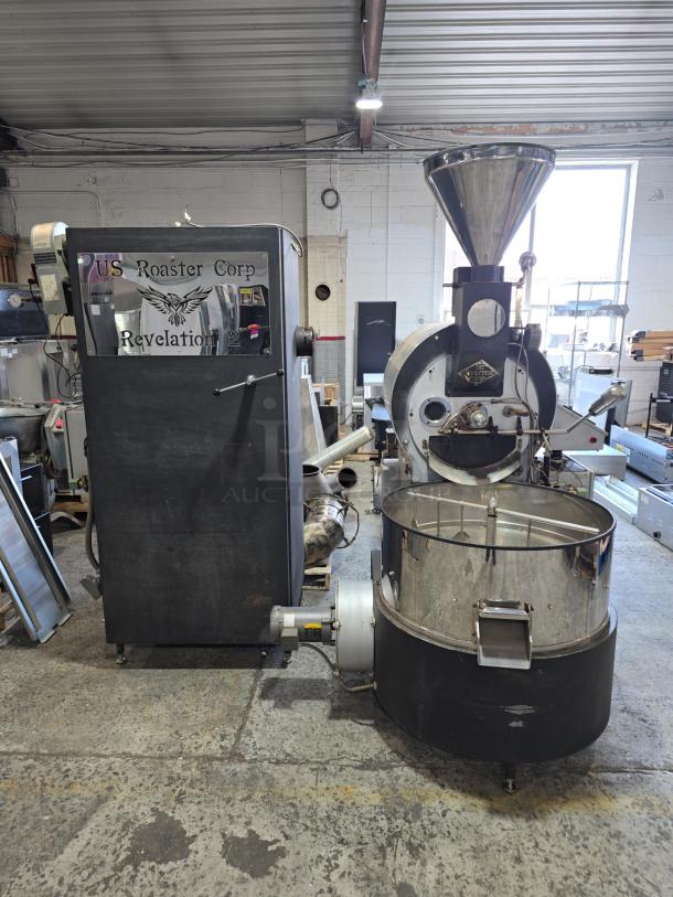 US Roaster Corp 23 Kilo coffee roaster, natural gas powered, 208-230/460V, 3-phase. Appears in a workshop setting.