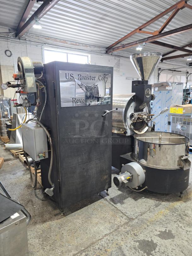 US Roaster Corp metal commercial coffee roaster, 23 kilo capacity, natural gas powered, 208-230/460V, 3 phase, Revelation model.