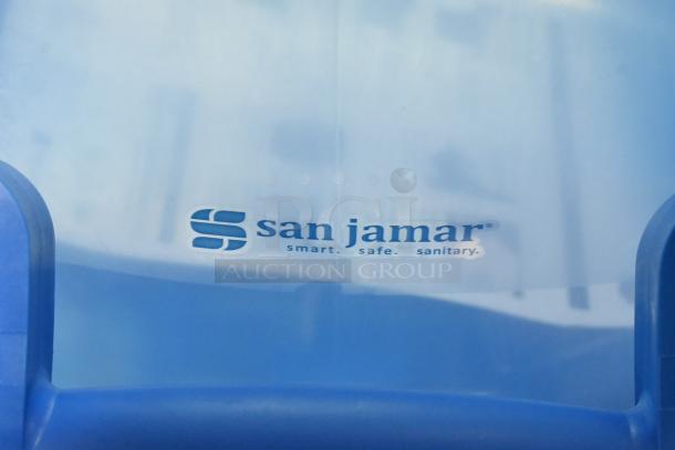 San Jamar blue poly ice bucket, brand new, scratch and dent condition, logo displayed with "smart, safe, sanitary" tagline.