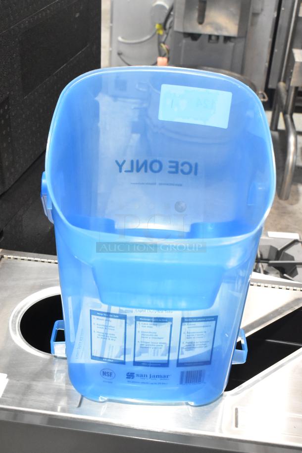 Brand new San Jamar blue poly ice bucket, scratch and dent, labeled "Ice Only," with NSF certification visible.