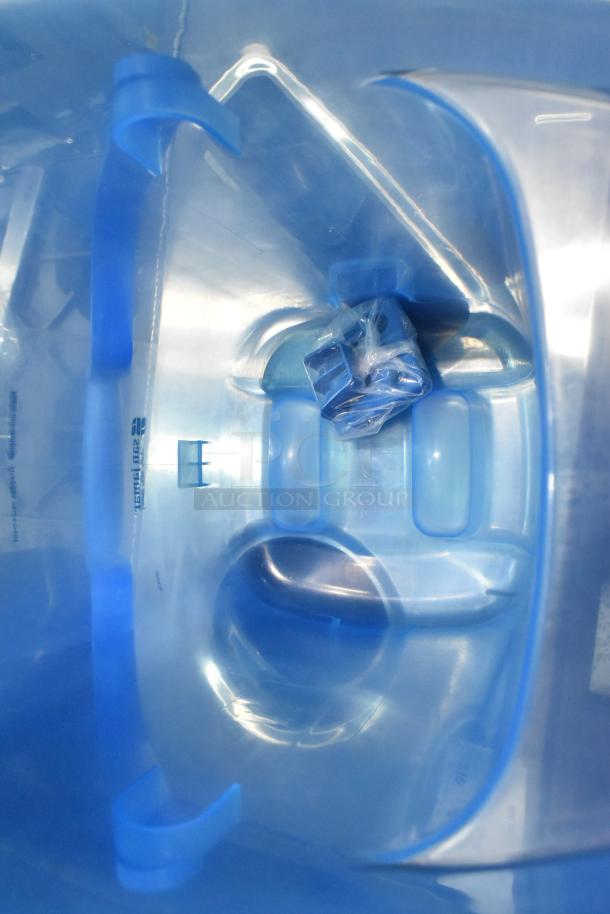 Brand new San Jamar blue poly ice bucket, scratch and dent condition, interior view with packaging insert.