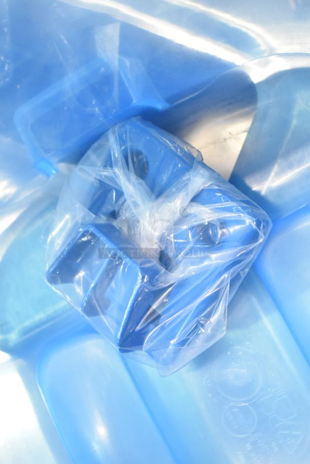San Jamar blue poly ice bucket, brand new but labeled as scratch and dent, in clear packaging.