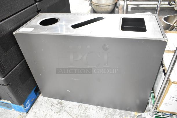 Busch Systems stainless steel trash can shell, scratch and dent, brand new. Features multiple openings for waste sorting.