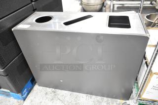 Busch Systems stainless steel trash can shell, scratch and dent, brand new. Features multiple openings for waste sorting.