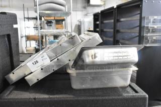 Lot of metal grease hood filters, mixing cups, and drop-in bins. Auction label with "126 QTY 1 Lot" visible.