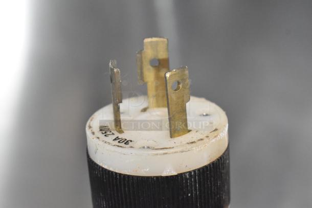 Close-up of a 30A 250V electrical plug, showing the metal prongs and plastic base, likely part of the Cadco Unox XAF195 oven.