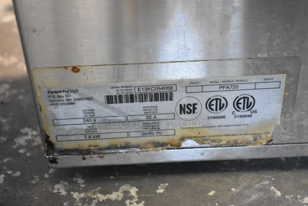 Perfect Fry Company PFA720 fryer, stainless steel, ventless, 240V, marked with NSF and ETL certifications, some wear visible.