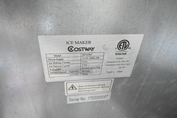 Costway EP21967 stainless steel ice machine label, showing model and specifications. 115V, 1 phase, made in China. Serial: 1702000057.