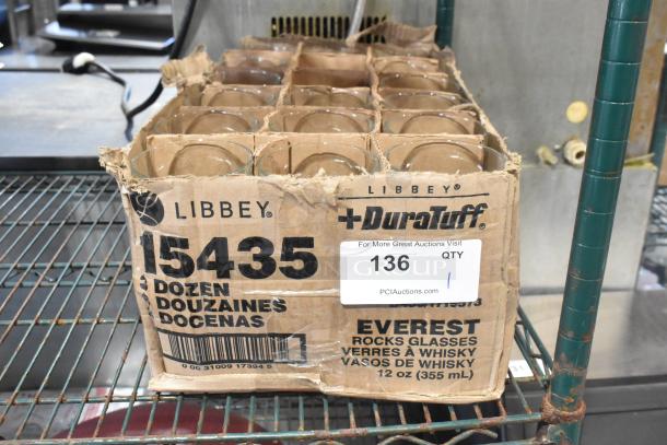 Box of 34 Libbey 15435 Everest 12 oz. Stackable Rocks Glasses, new with cosmetic box damage, labeled for auctions.
