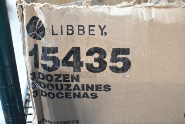 Box of 34 Libbey 15435 Everest 12 oz stackable rocks glasses, brand new, minor box damage visible.