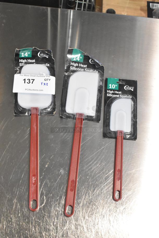 Three brand new high-heat silicone spatulas, sizes 14" and 10", in original packaging. Includes models 40714HSPNULA, 40714HSPTULA, 40710HSPTULA.
