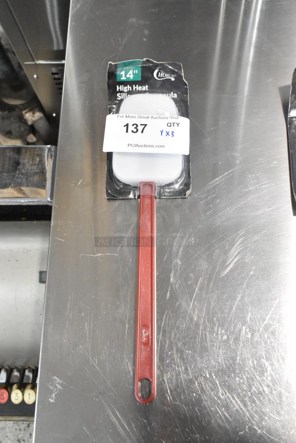 14" silicone spoonula with high heat resistance, red handle, model 40714HSPNULA. New, slight packaging wear.