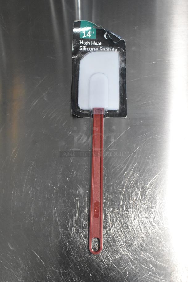 14" high heat silicone spatula with red handle, new condition, slight packaging wear, model 40714HSPNULA.