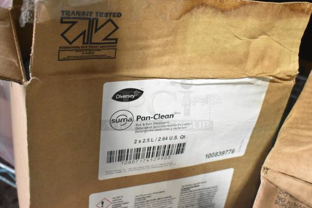 Cardboard box of Diversey Suma Pan-Clean detergent, 2x2.5L, label shows product details; box marked "Transit Tested."