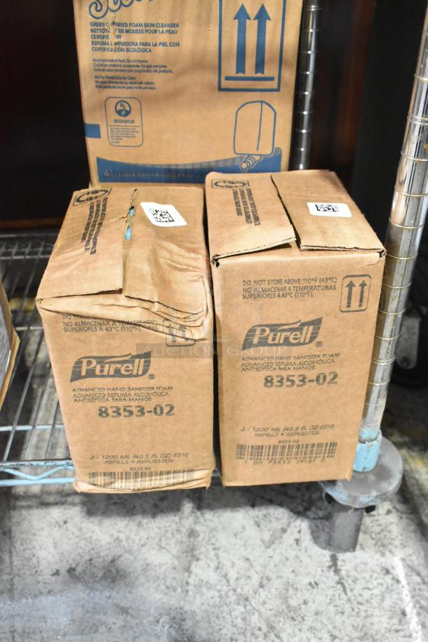 Tiered lot of Diversey Pan Clean detergent, Scott foam skin cleanser, Purell sanitizer. Boxes with labels, on shelving.