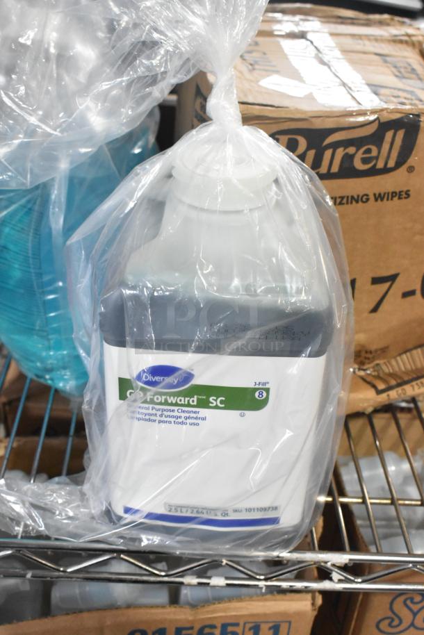 Two-tier lot with Purell 9217-02 Hand Sanitizing Wipes, Diversey Go Forward All Purpose Cleaner, Brighton Foam Soap Refill.
