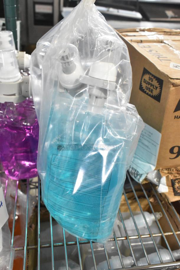 Two-tier shelf with Purell sanitizing wipes, Diversey cleaner, Brighton foam soap; various bottles, packaged, on metal rack.