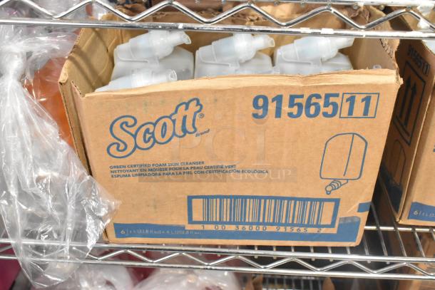Box of Scott Green Certified Foam Skin Cleanser bottles on a shelf, labeled 91565 with barcode below.