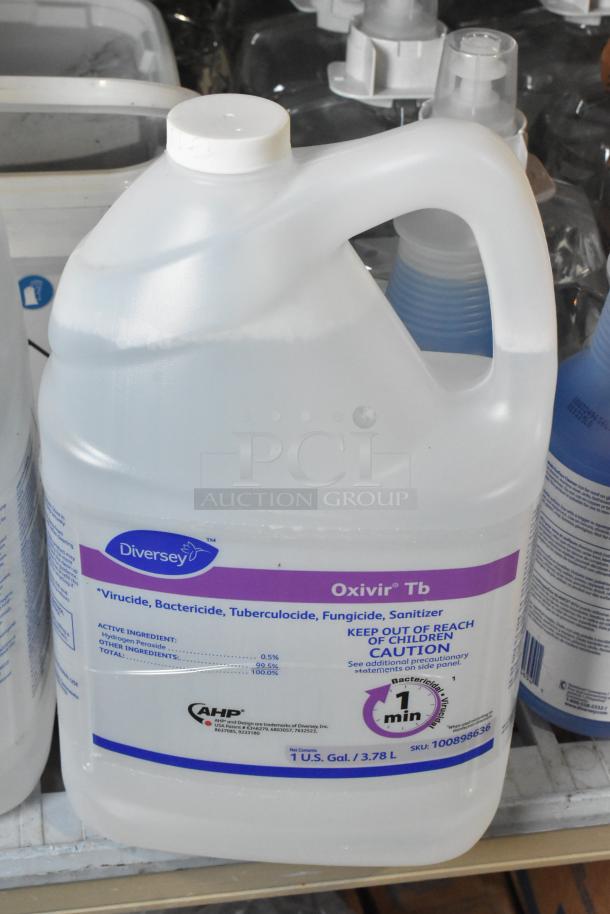 Diversey Oxivir Tb virucide sanitizer, 1-gallon bottle, used for disinfection; label indicates hydrogen peroxide as active ingredient.