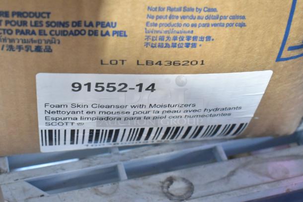 Cardboard box with label showing Scott Foam Skin Cleanser, 91552-14, and LOT LB436201, indicating content and batch details.