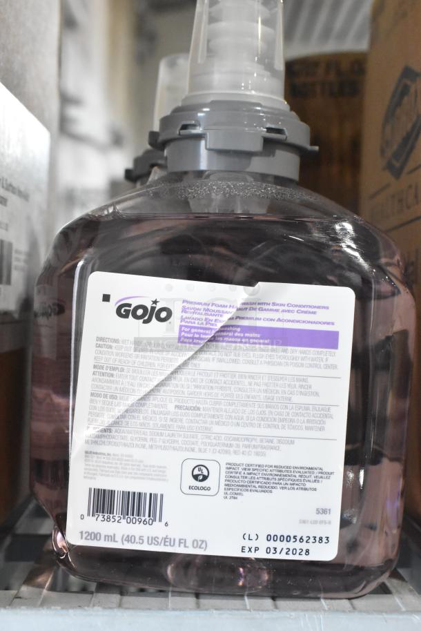 Alt text: Gojo Foam Handwash bottle, 1200mL, label showing ingredients and UL EcoLogo certification, expiry March 2028.