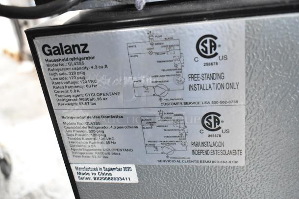 Galanz GL43S5 Mini Cooler label showing specifications: 115 Volts, 1 Phase, 4.3 cu. ft capacity, made in China, September 2020.