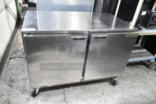 Beverage Air UCR48AHC stainless steel undercounter cooler, 2 doors, 115 volts, 1 phase, on casters, good condition.