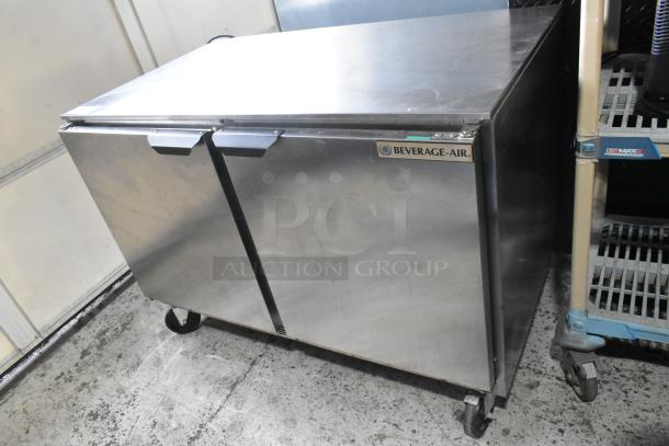 Beverage Air UCR48AHC stainless steel 2-door undercounter cooler on wheels, label visible, 115 volts, 1 phase.