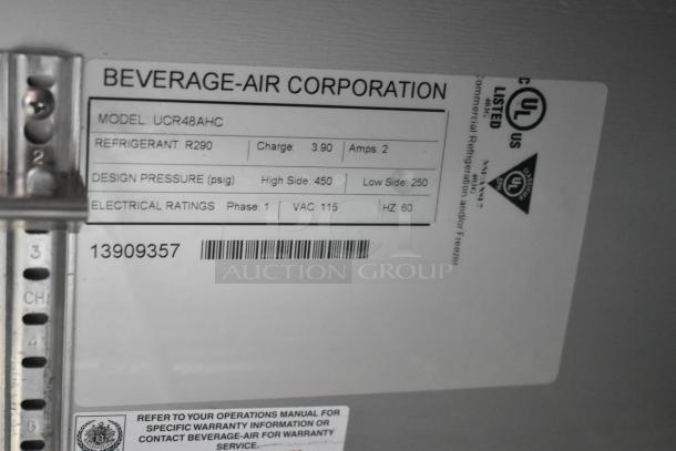 Beverage Air UCR48AHC stainless steel undercounter cooler label, 115 volts, 1 phase, refrigerant R290, model number visible.