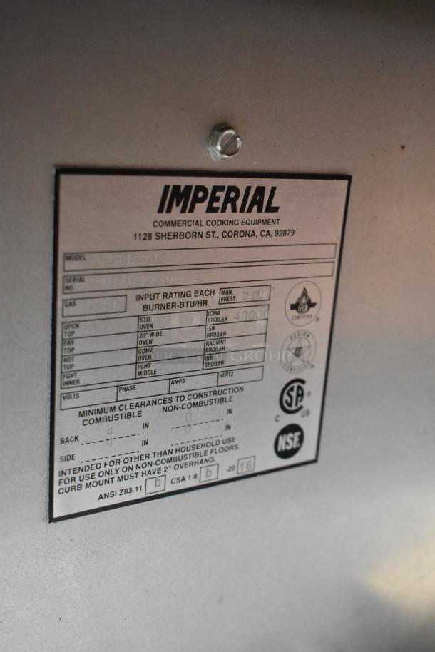 Imperial ICMA-36 stainless steel commercial cheese melter. Natural gas, tag shows model and safety certifications.