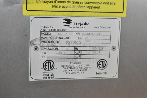 Fri-jado TDR 7-P stainless steel rotisserie oven label, showing model and power specs; 208V, 3 phase, Intertek certified.