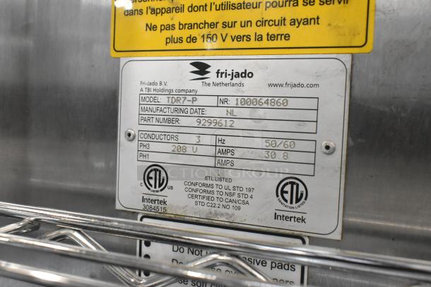 Fri-jado TDR 7-P Stainless Steel Electric Rotisserie Oven, 208V, 3 Phase, on commercial casters, ETL listed, label details visible.