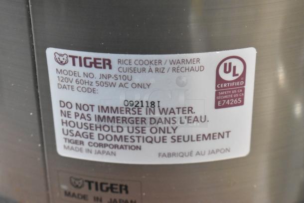 Tiger JNP-S10U Rice Cooker/Warmer, 120 Volts, UL Certified. Label indicates household use only, made in Japan.