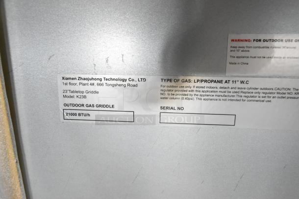 Hongtaok K23B metal propane gas griddle tag, 21,000 BTU, outdoor use, model K23B, LP/propane at 11" W.C.