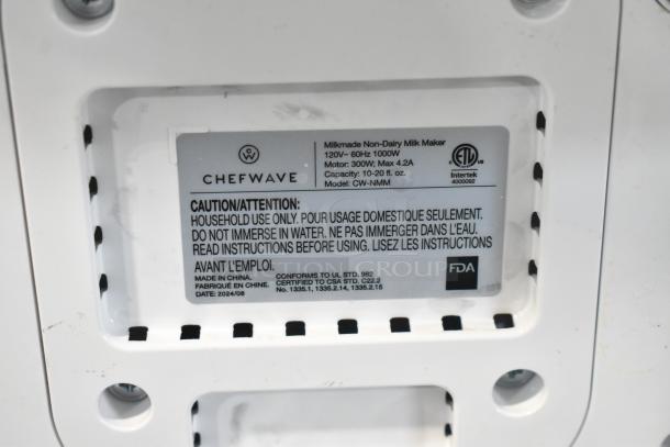 Chefwave CW-NMM Non-Dairy Milk Maker label, 120V, 1 Phase, household use, 300W motor, ETL certified, made in China.