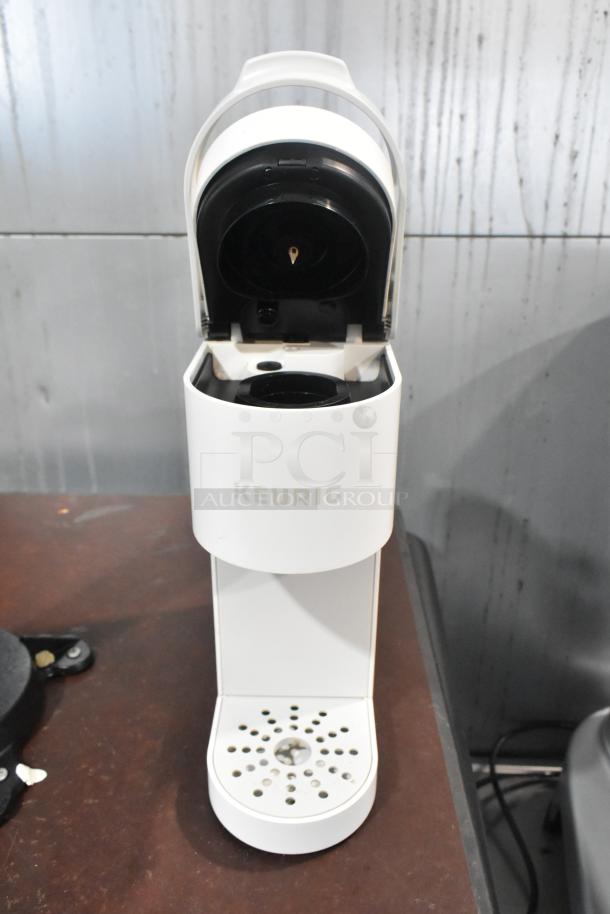 2024 Keurig Single Cup Coffee Maker, white, open lid. Features: 120 Volts, 1 Phase. Excellent condition.